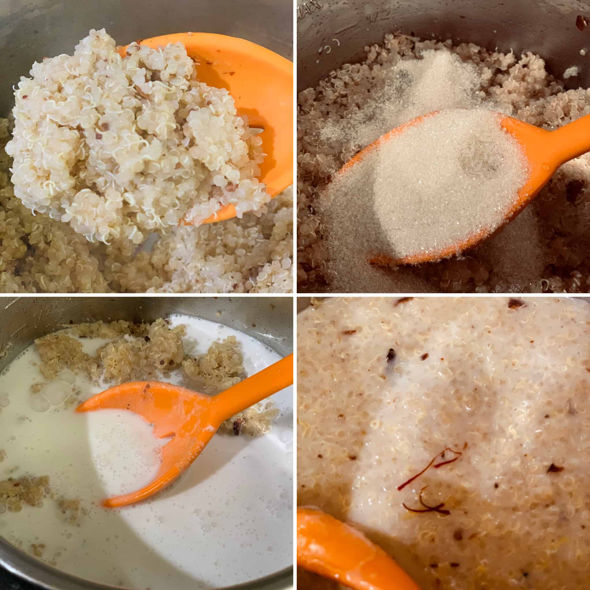 Quinoa Coconut Kheer add coconut milk, sugar and saffron to kheer.