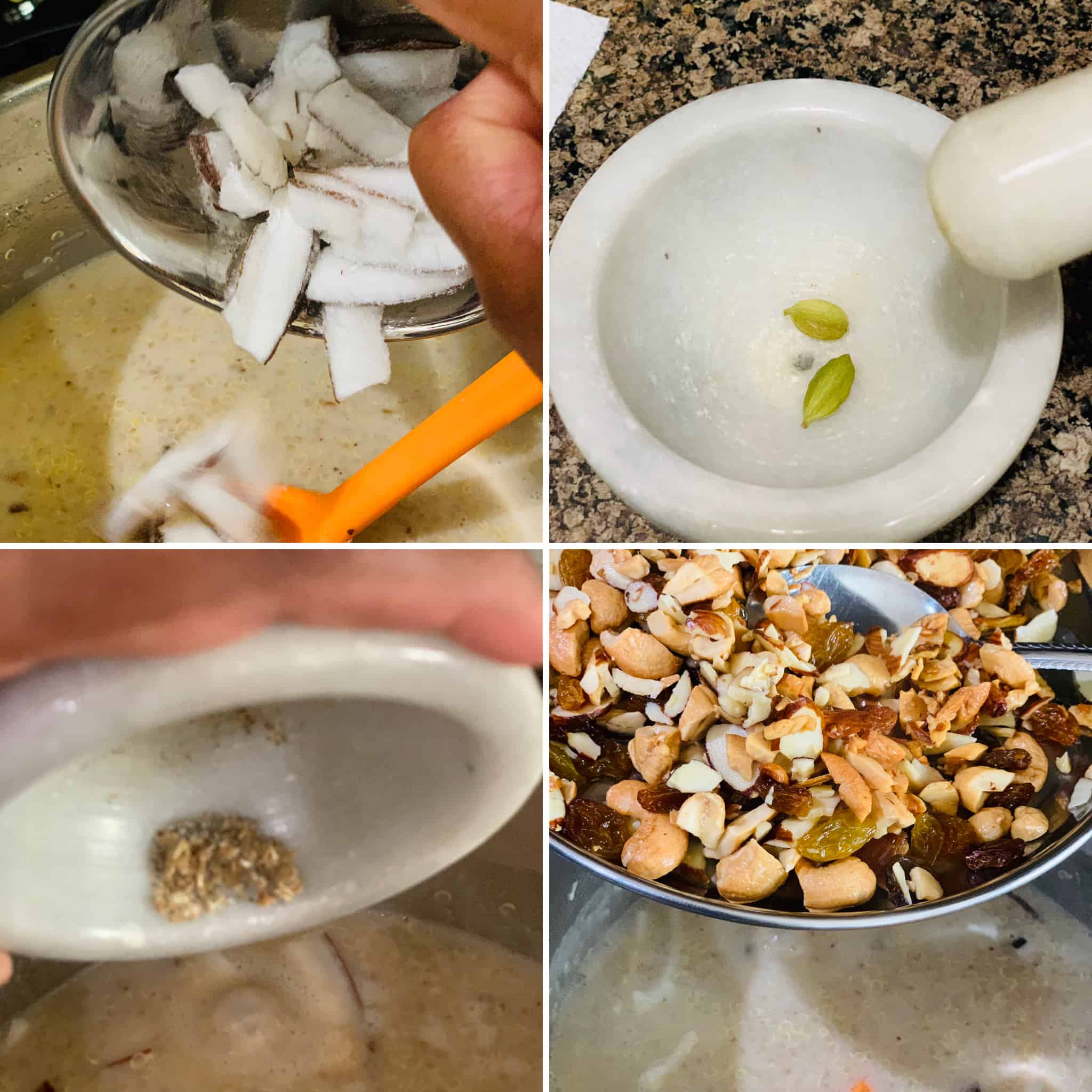 Quinoa Coconut Kheer collage of coconut, cardamom and fried nuts getting added to Kheer.