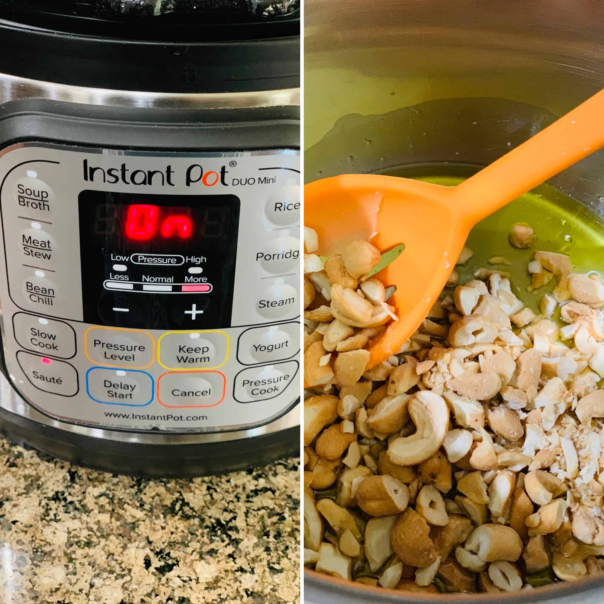 Quinoa Coconut Kheer Saute mode on Instant pot and frying the nuts in ghee.