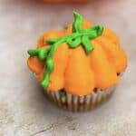 Pumpkin cupcake with orange colored frosting.