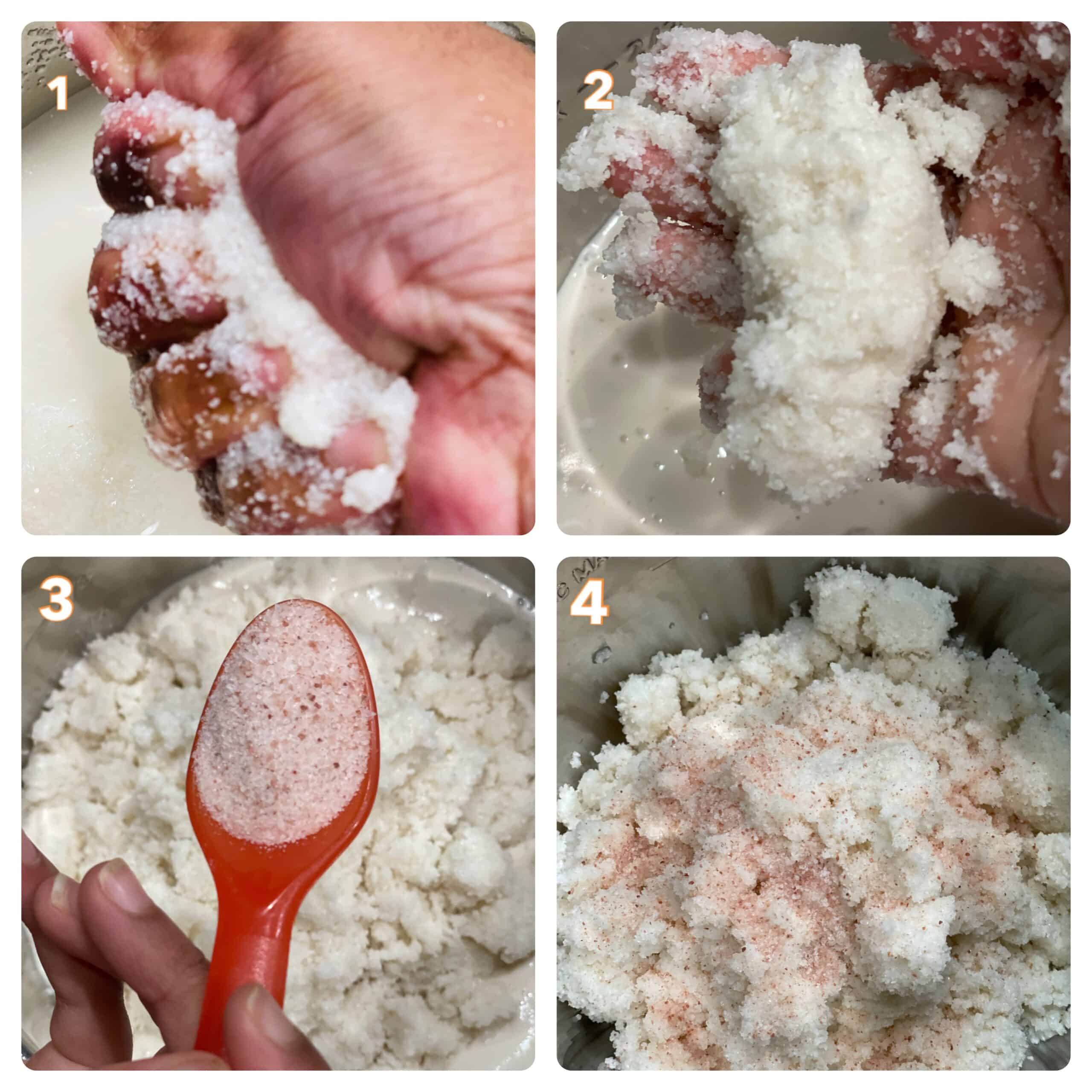 Squeeze water out of idli rava and add salt.