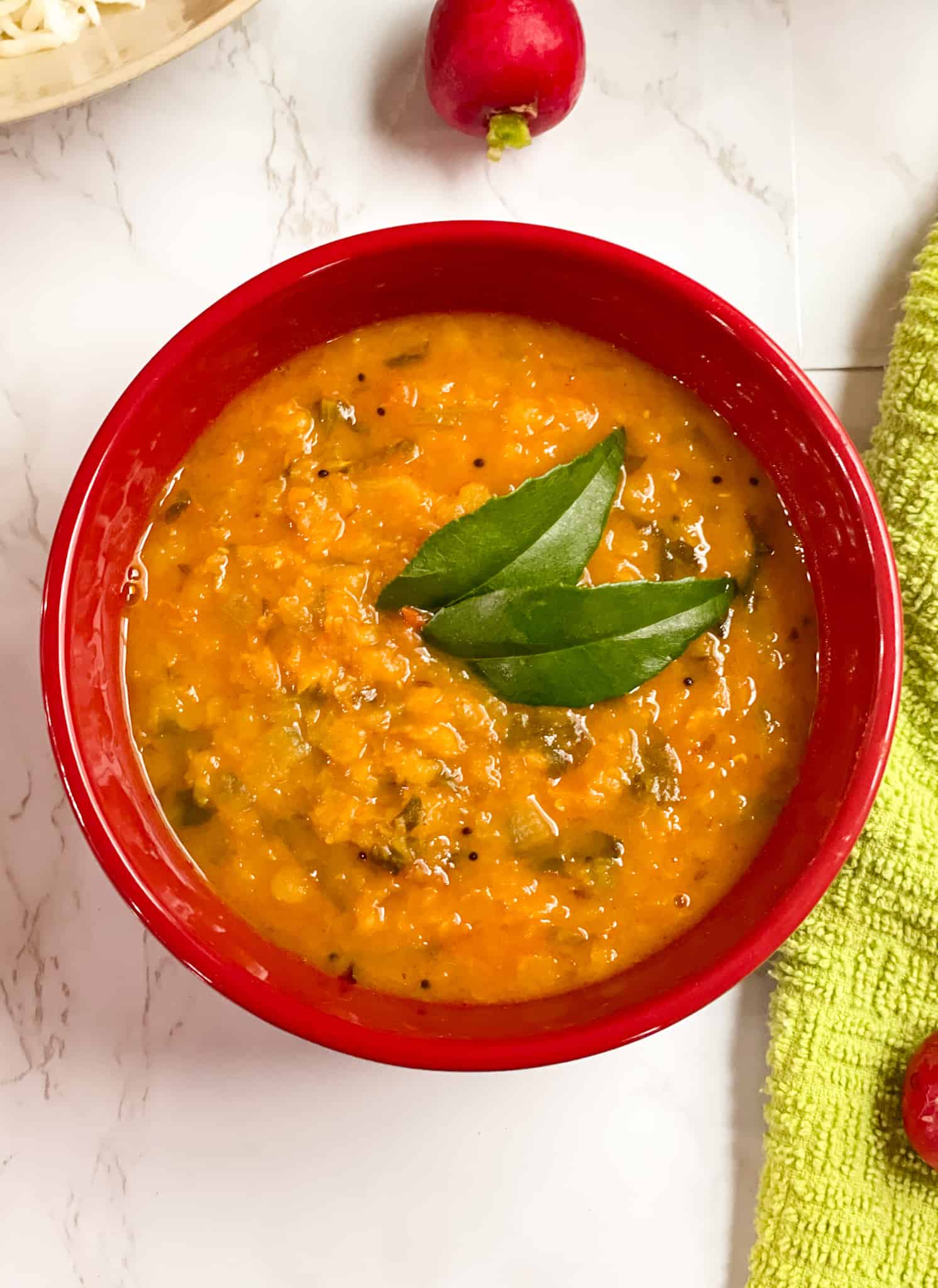 Radish Greens Masoor dal (Red lentils with Radish greens)