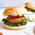Tandoori tofu burgers with green chutney coconut cream sauce.
