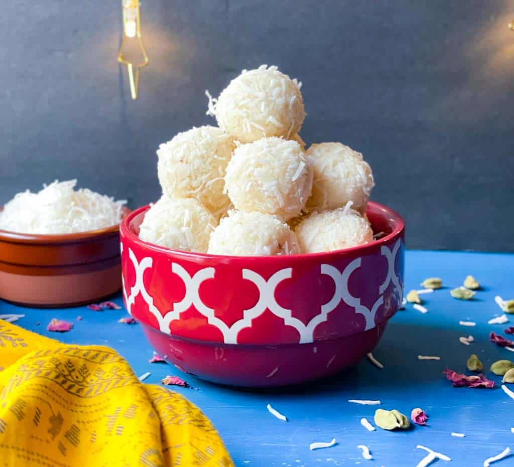 coconut ladoo in a bowl.