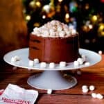Quinoa hot chocolate cake with marshmallows on Top and around it with lights in the background.